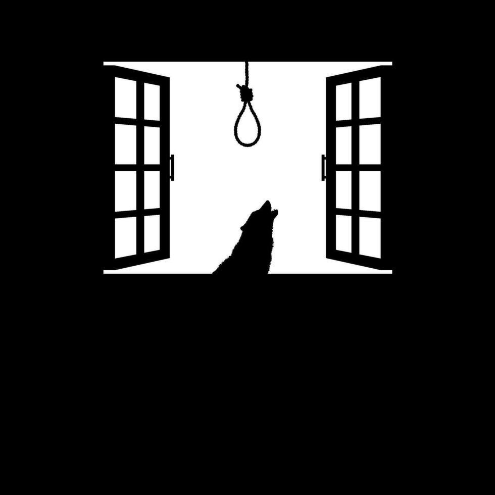 Howling Wolf and Suicide Rope or Gallows on the Windows. Dramatic, Creepy, Horror, Scary, Mystery, or Spooky Illustration. Illustration for Horror Movie of Film or Halloween Poster Element. Vector