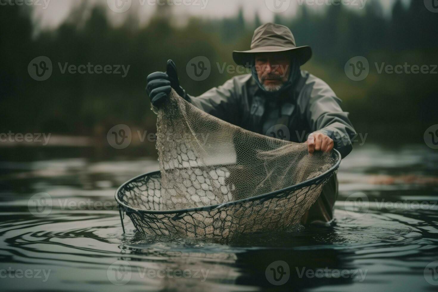 pescar pescador sostiene red costa trabajar. generar ai foto