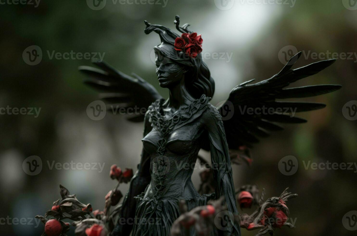 Dark angel figurine with red flowers. Generate Ai photo