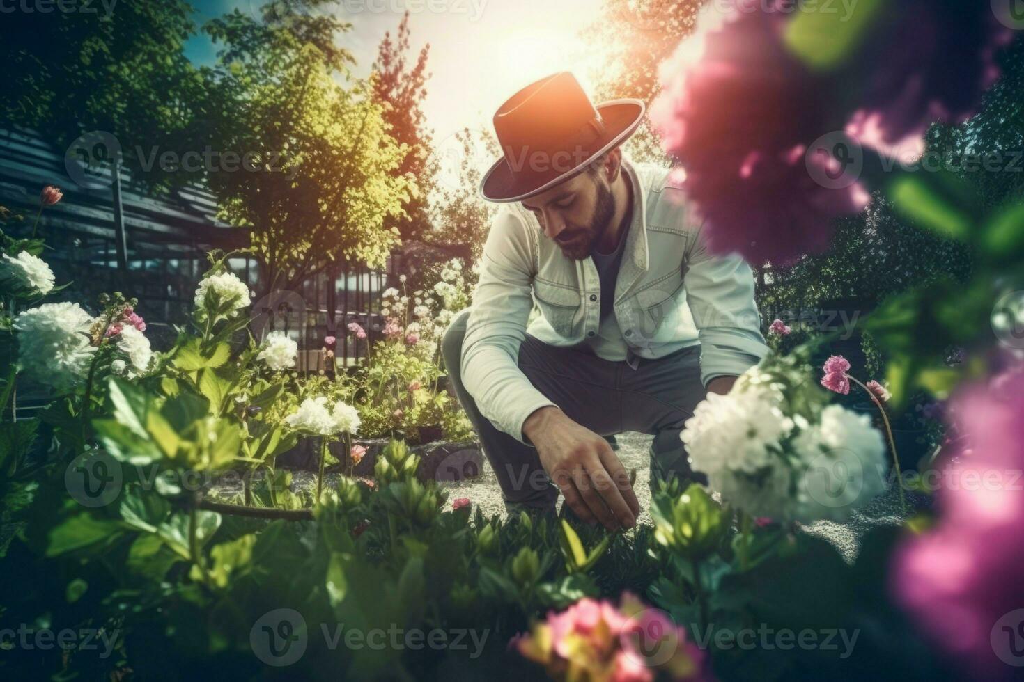 Gardener planting flowers in sunny day. Generate Ai photo