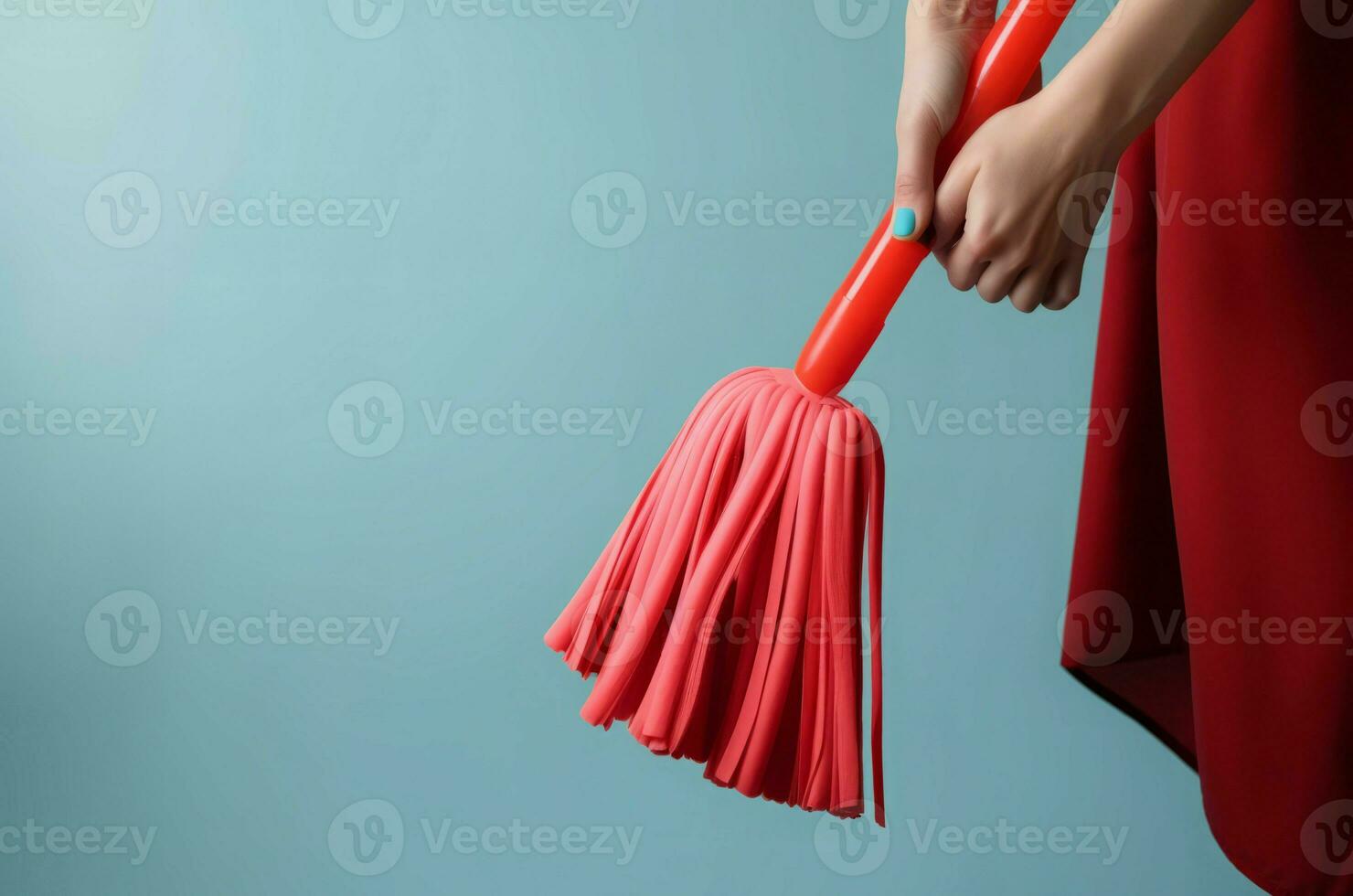 Hand holding red color mop cleaning. Generate Ai photo