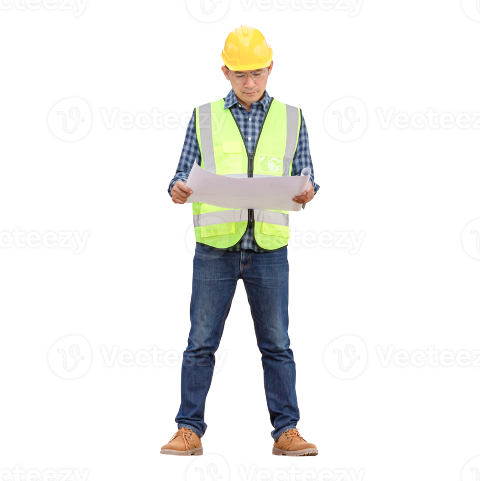 ingénieur ou architecte homme dans difficile chapeau en portant une plan à construction placer, construction ouvrier en portant plan png