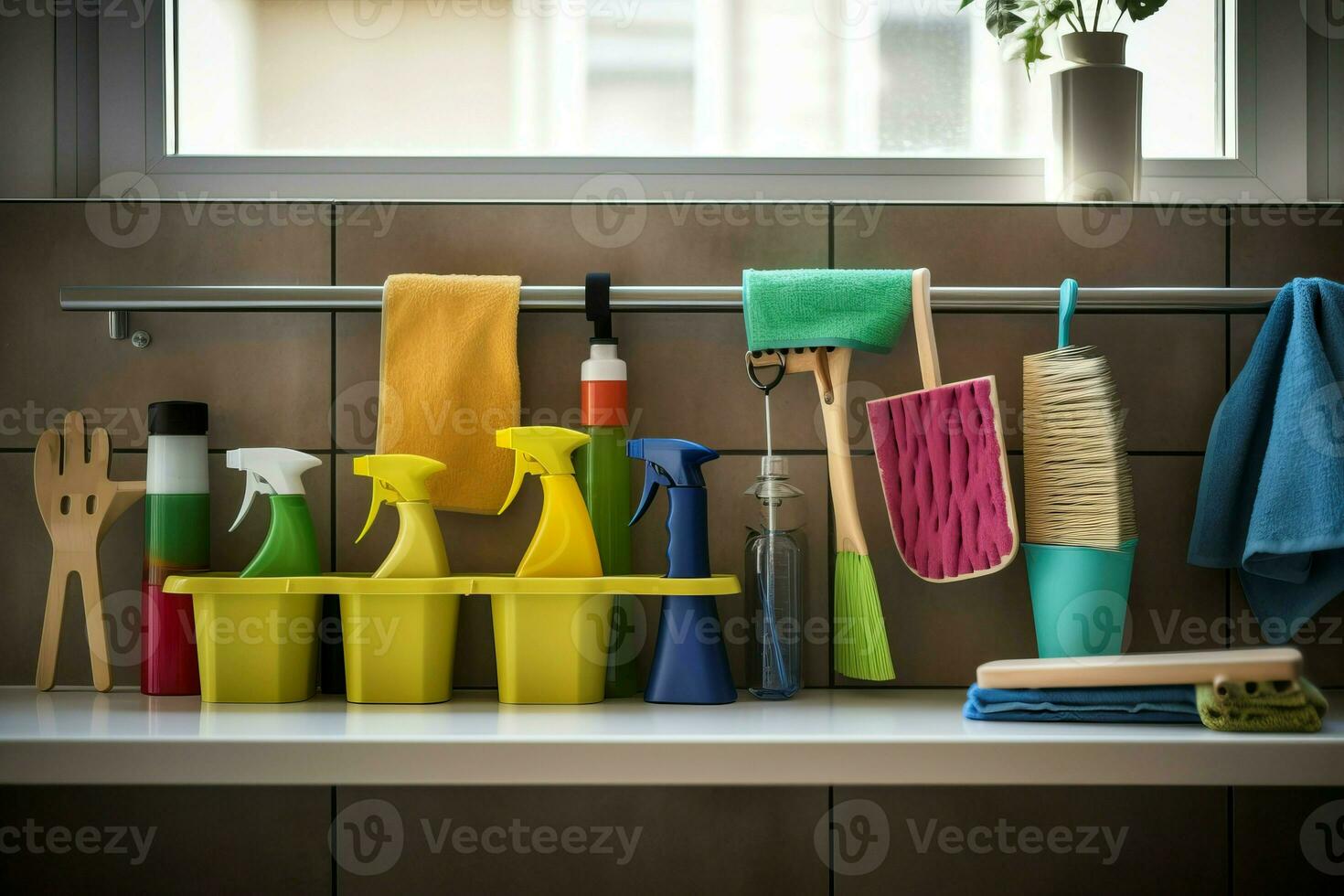 Cleaning tools home arranged in group. Generate Ai photo