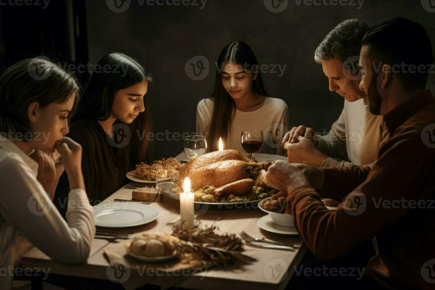 familia compartiendo festivo fiesta cena. generar ai foto