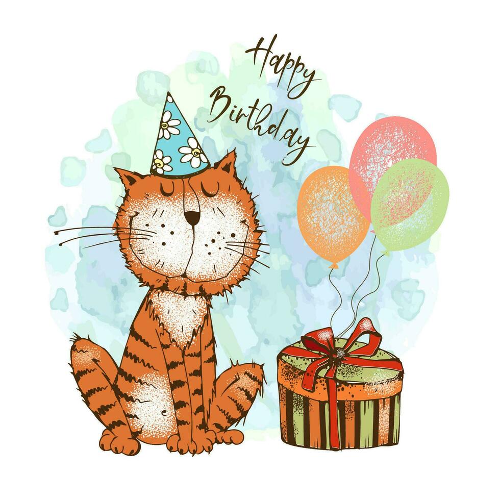 un cumpleaños tarjeta. linda gato con globos y regalos. vector. vector