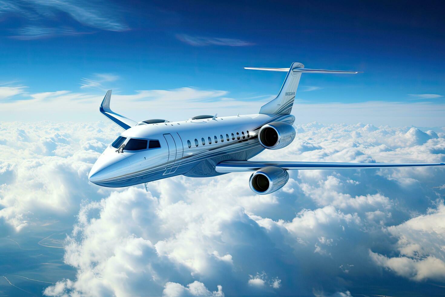 Commercial airplane flying in the blue sky. 3d render image, Private jet flying over the earth. Empty blue sky with white clouds at background, AI Generated photo