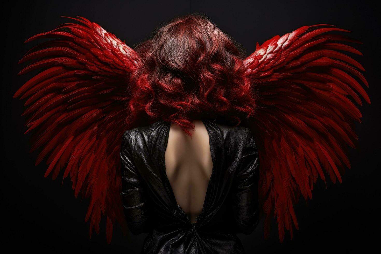 hermosa mujer con rojo pelo y ángel alas en un negro fondo, posterior ver de un mujer con ángel alas, ai generado foto