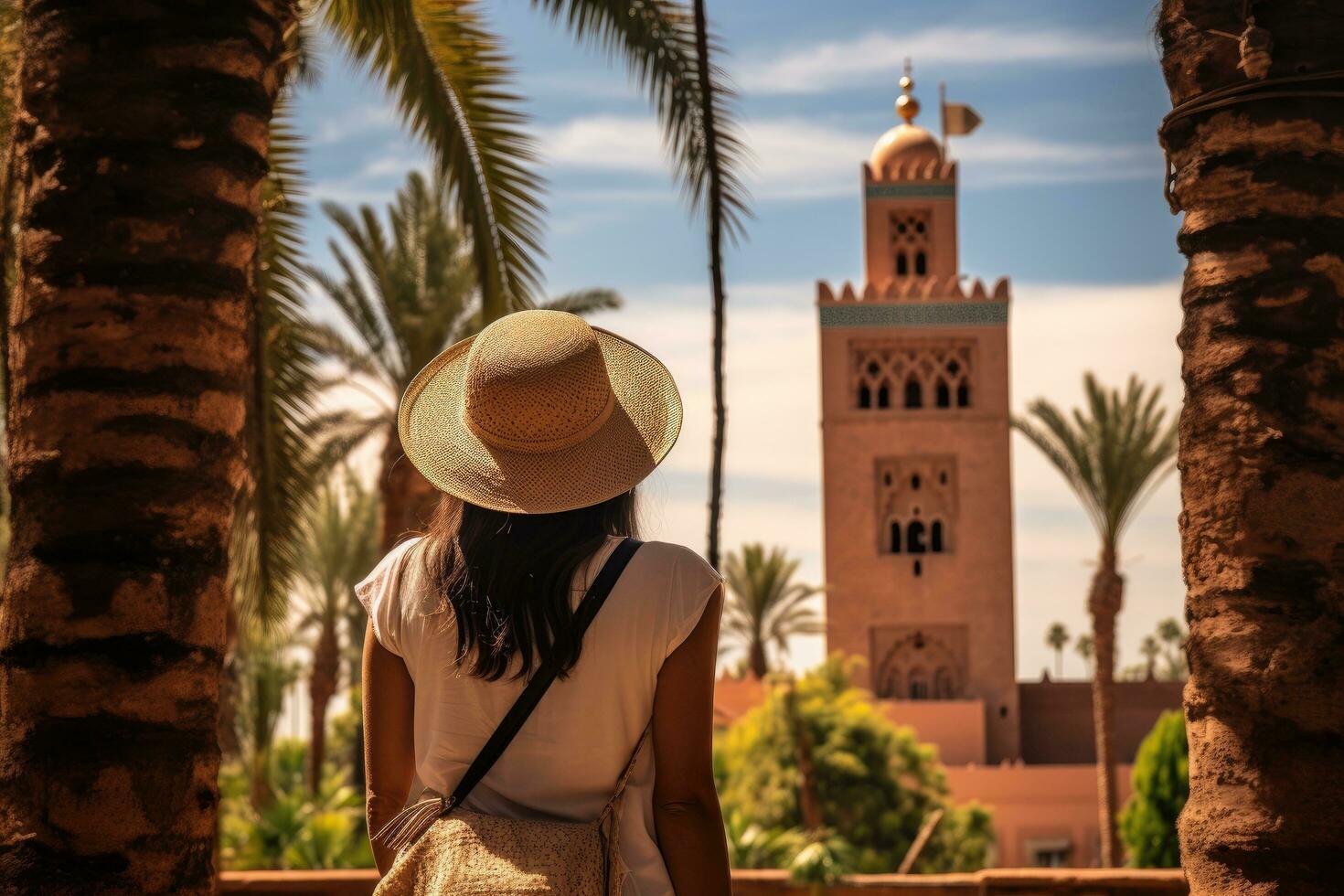 espalda ver de asiático mujer vistiendo sombrero mirando a mezquita en Marruecos, posterior ver de un mujer mirando a koutoubia mezquita minarete-turismo en marrakech, Marruecos, ai generado foto