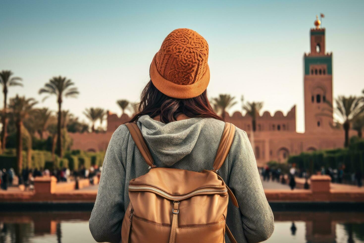 Rear view of a young woman with a backpack and a hat standing in front of the Koutoubia Mosque in Marrakesh, Morocco, rear view of a Woman looking at Koutoubia mosque minaret-Tourism, AI Generated photo