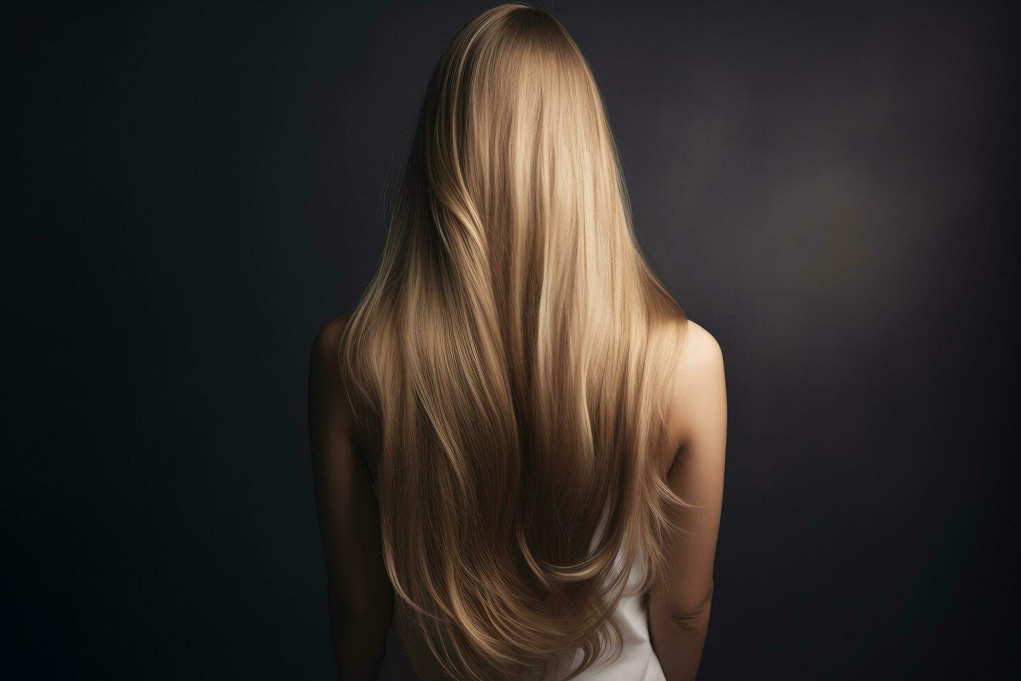 Blonde woman with long hair on a dark background. Back view, rear view of a Beautiful woman with long straight hair. Blond girl, AI Generated photo