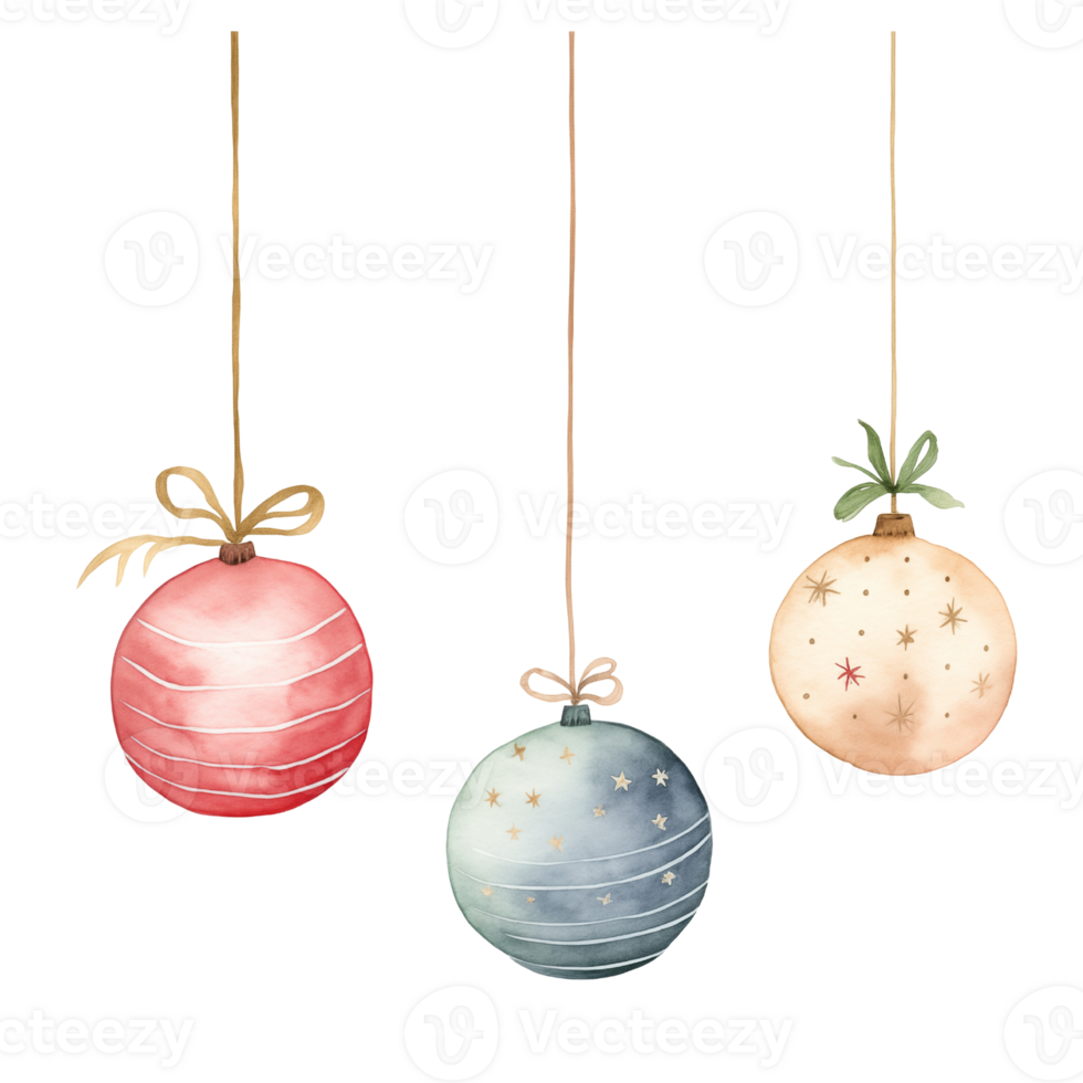 Christmas Ornaments on Isolated Background - Minimalist Watercolor Illustration.Created with Generative AI technology. png