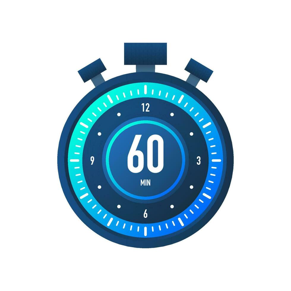 The 60 minutes, stopwatch vector icon. Stopwatch icon in flat style on a white background. Vector stock illustration.