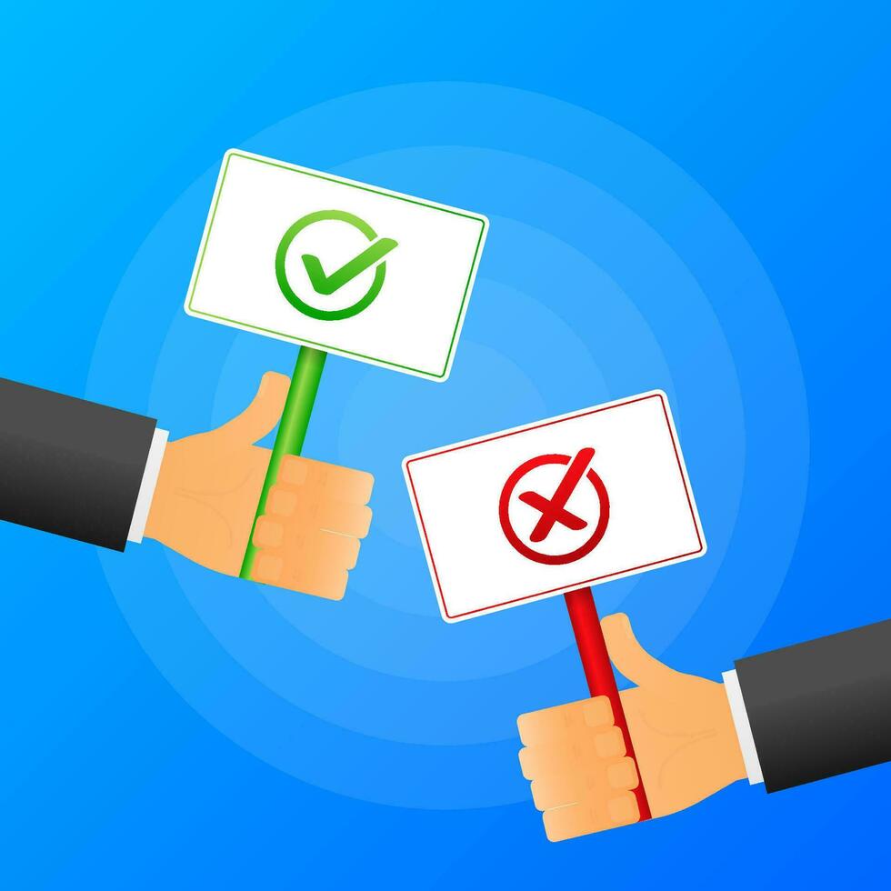 Hand holds Yes or No sign realistic red and green table on blue background. Vector illustration.