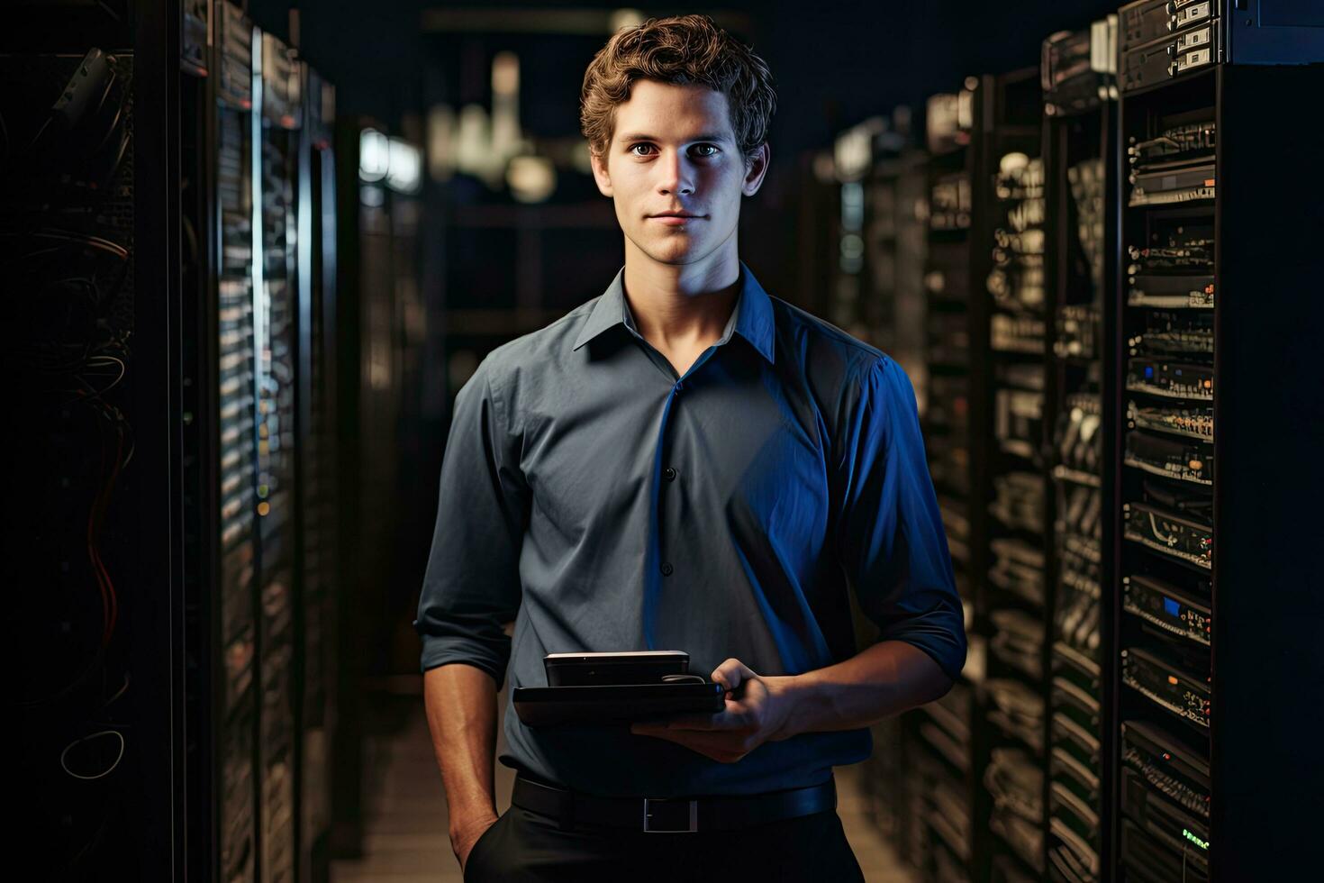 retrato de hermoso joven hombre en centro de datos servidor habitación, retrato de joven hombre con ordenador portátil en pie por servidor , ai generado foto