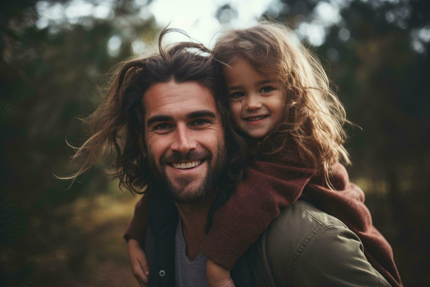 Portrait of happy father and daughter in the forest. Concept of friendly family, Portrait of young father carrying his daughter on his back, AI Generated photo