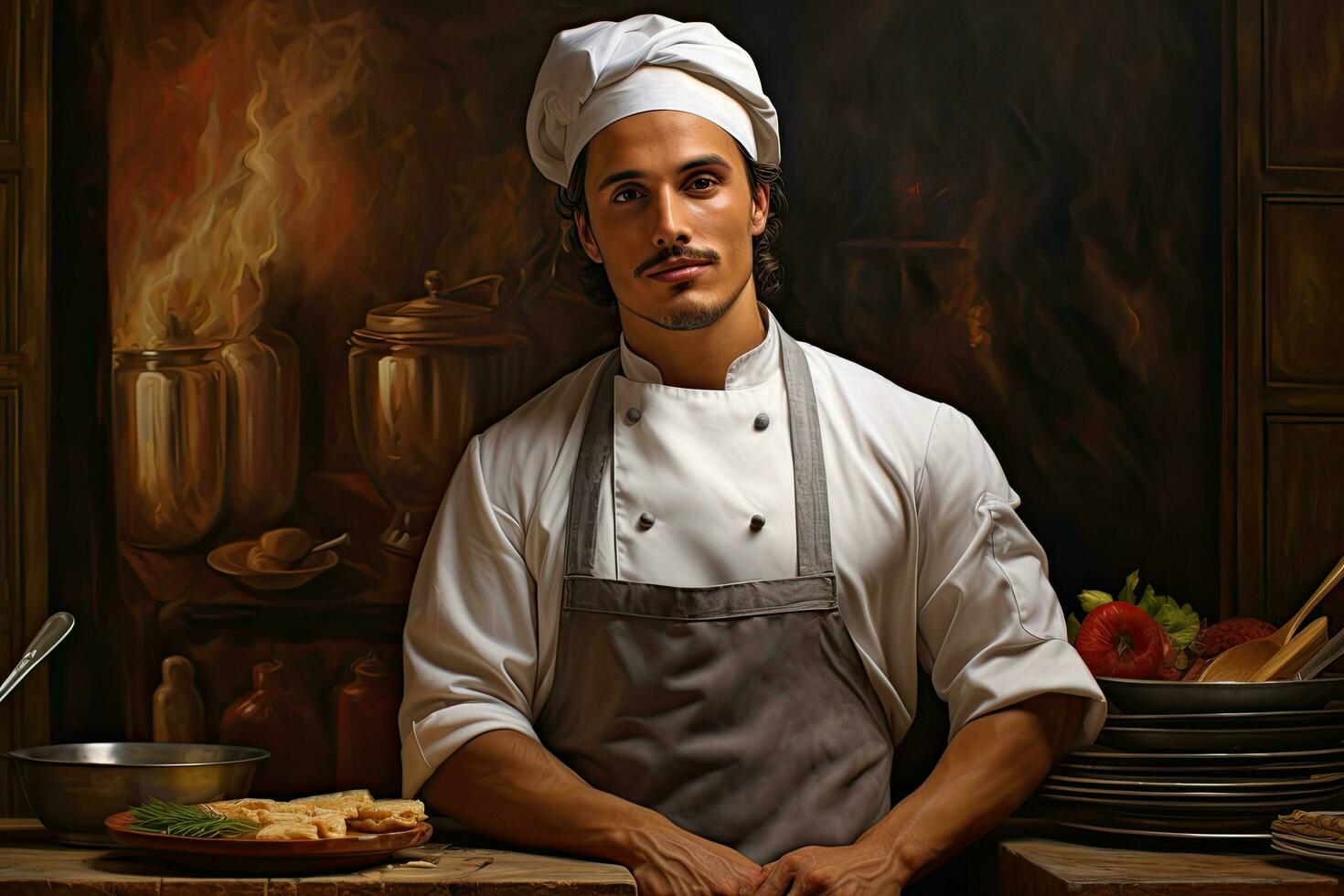 Portrait of a young man in a chef's hat and apron, Portrait of handsome chef, AI Generated photo