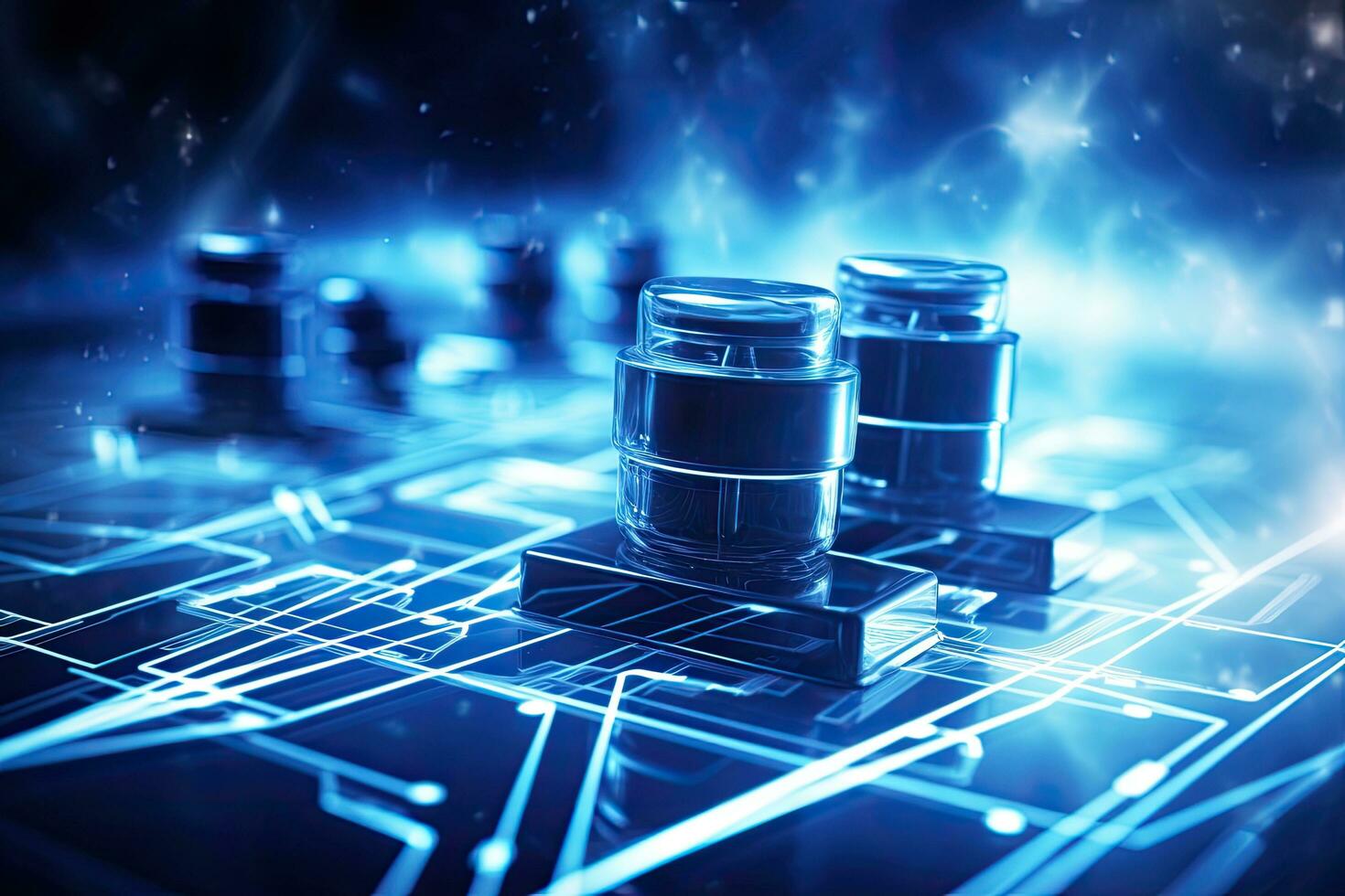 Close-up of electronic circuit on blue background. 3d rendering, Power supports on the digital background. Energy connections concept. Low angle view, AI Generated photo