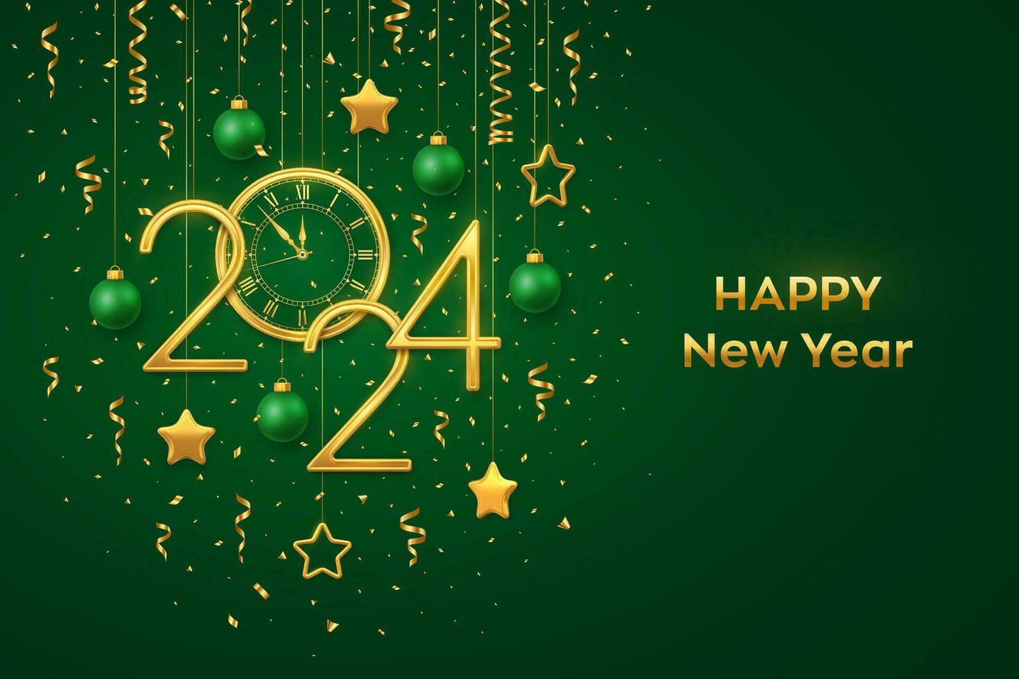 Happy New Year 2024. Gold metallic numbers 2024 and watch with Roman numeral and countdown midnight, eve for New Year. Hanging golden stars and balls on green background. Realistic vector illustration