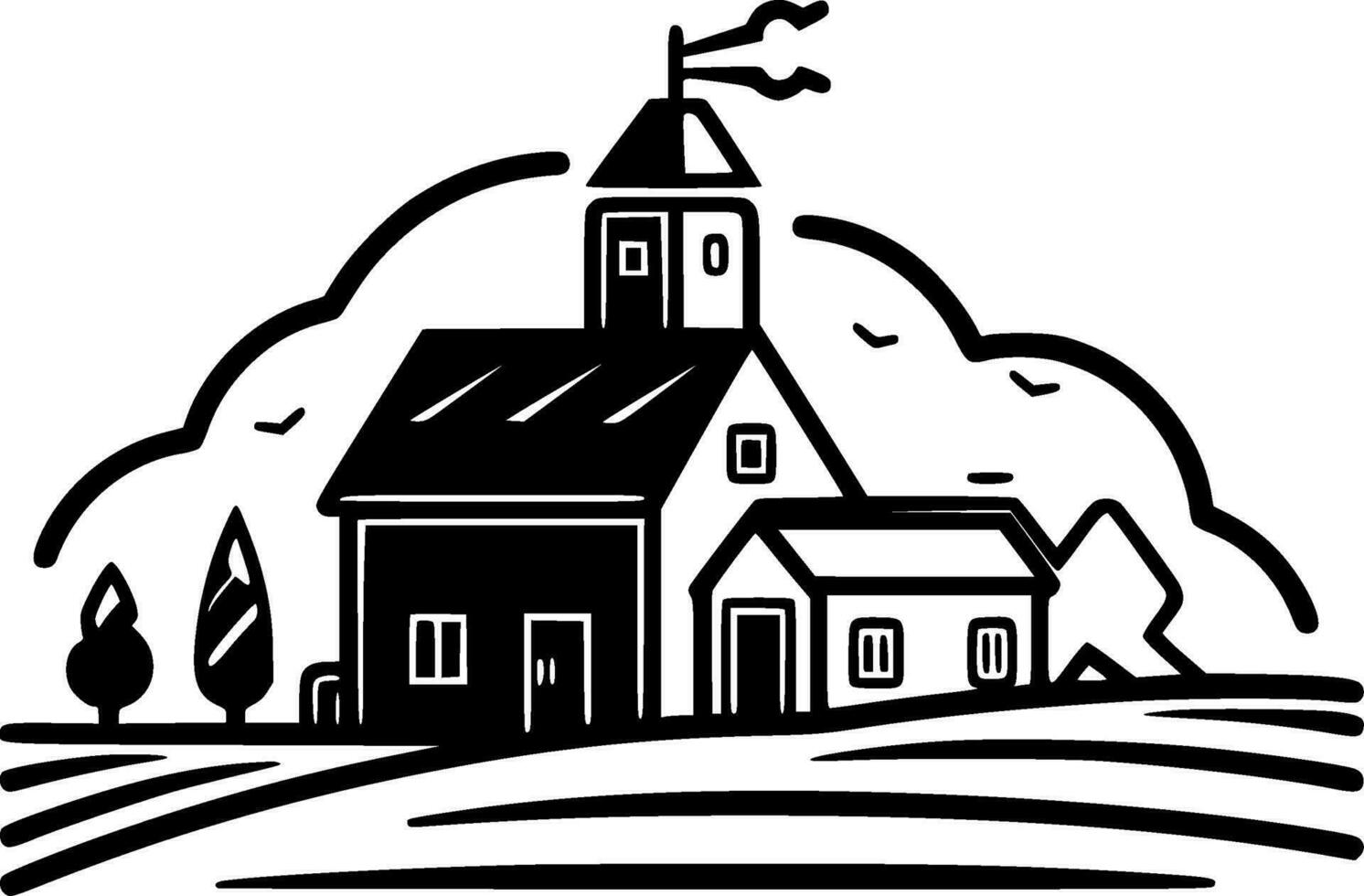Farmhouse, Black and White Vector illustration