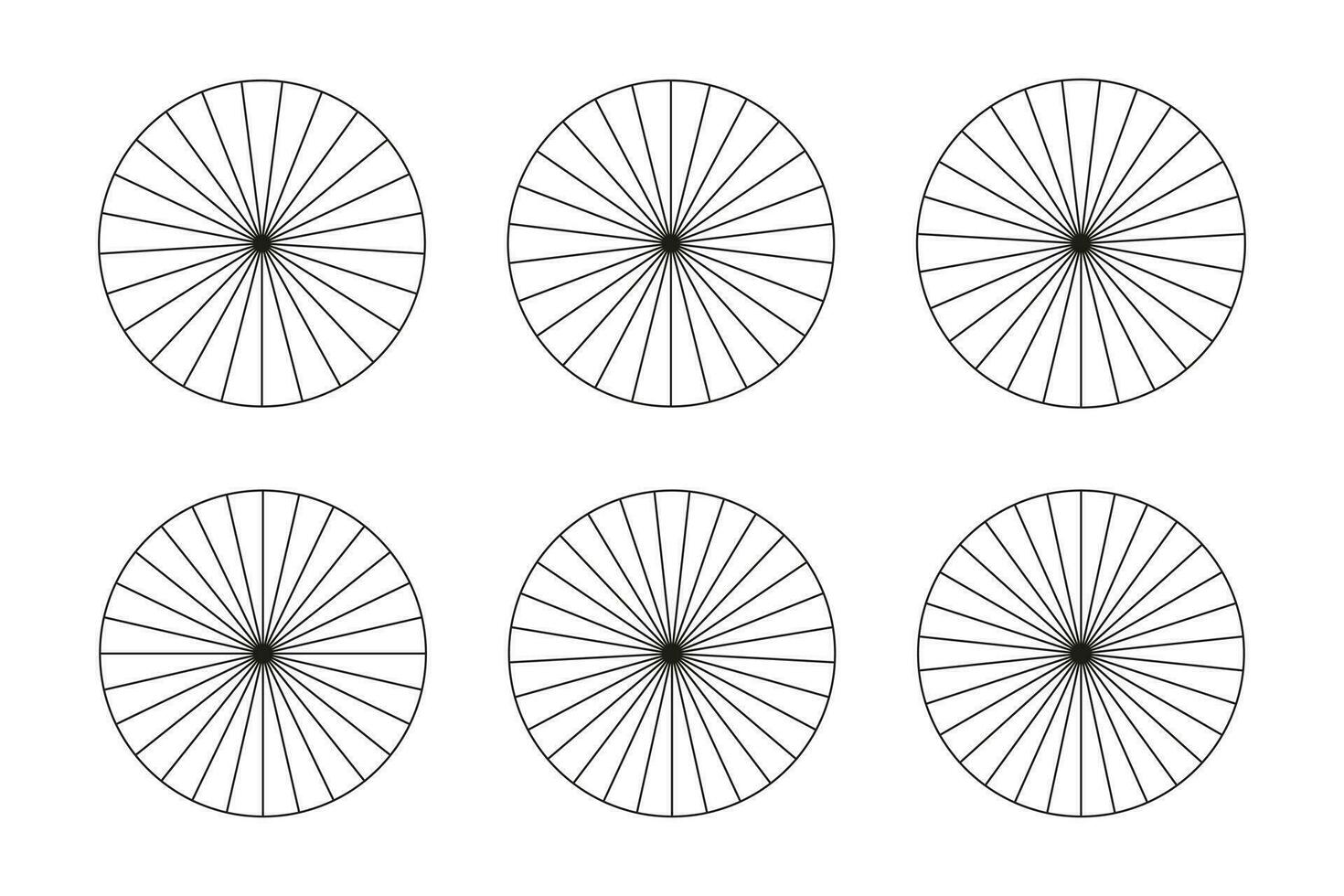 Collection segmented charts isolated on a white background. Many number of sectors divide the circle on equal parts. Set of pie graphs. Outline thin graphics. Vector illustration.