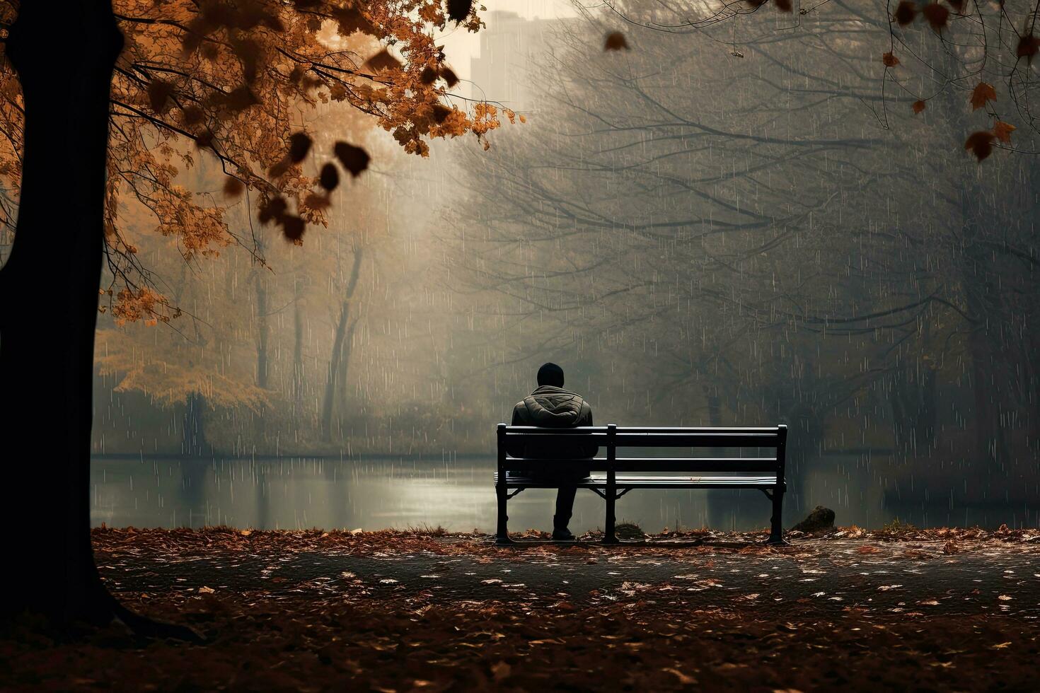 Man sitting on a bench in the autumn park. Conceptual image, rear view of a solitary person sitting on a bench in an autumn park with trees and bad weather, AI Generated photo