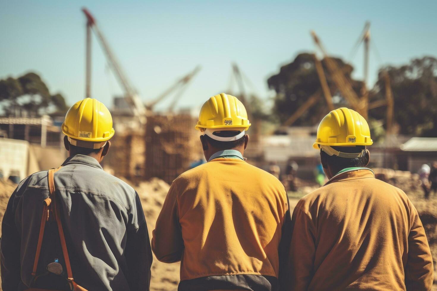Team of engineers and architects working on a construction site. Selective focus, rear view of Construction workers at the construction site outdoors, labor wearing yellow safety, AI Generated photo