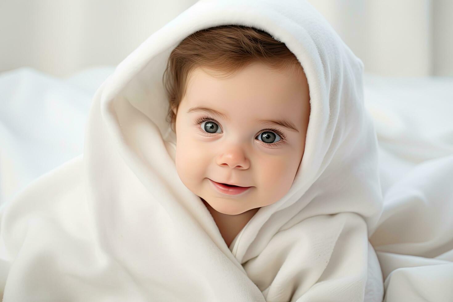 Portrait of a cute little girl wrapped in a white blanket, Portrait of a cute baby under a white blanket on a light background, AI Generated photo