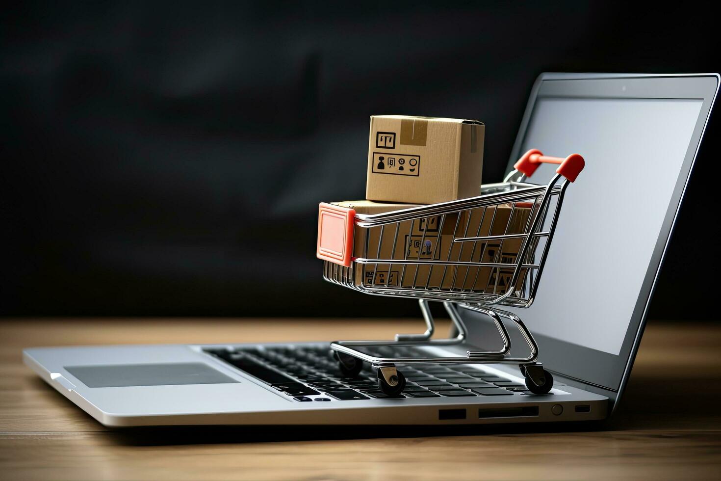 Online shopping concept. Cardboard boxes in shopping cart on laptop keyboard, Product package boxes and shopping bag in cart with laptop computer which web store shop, AI Generated photo