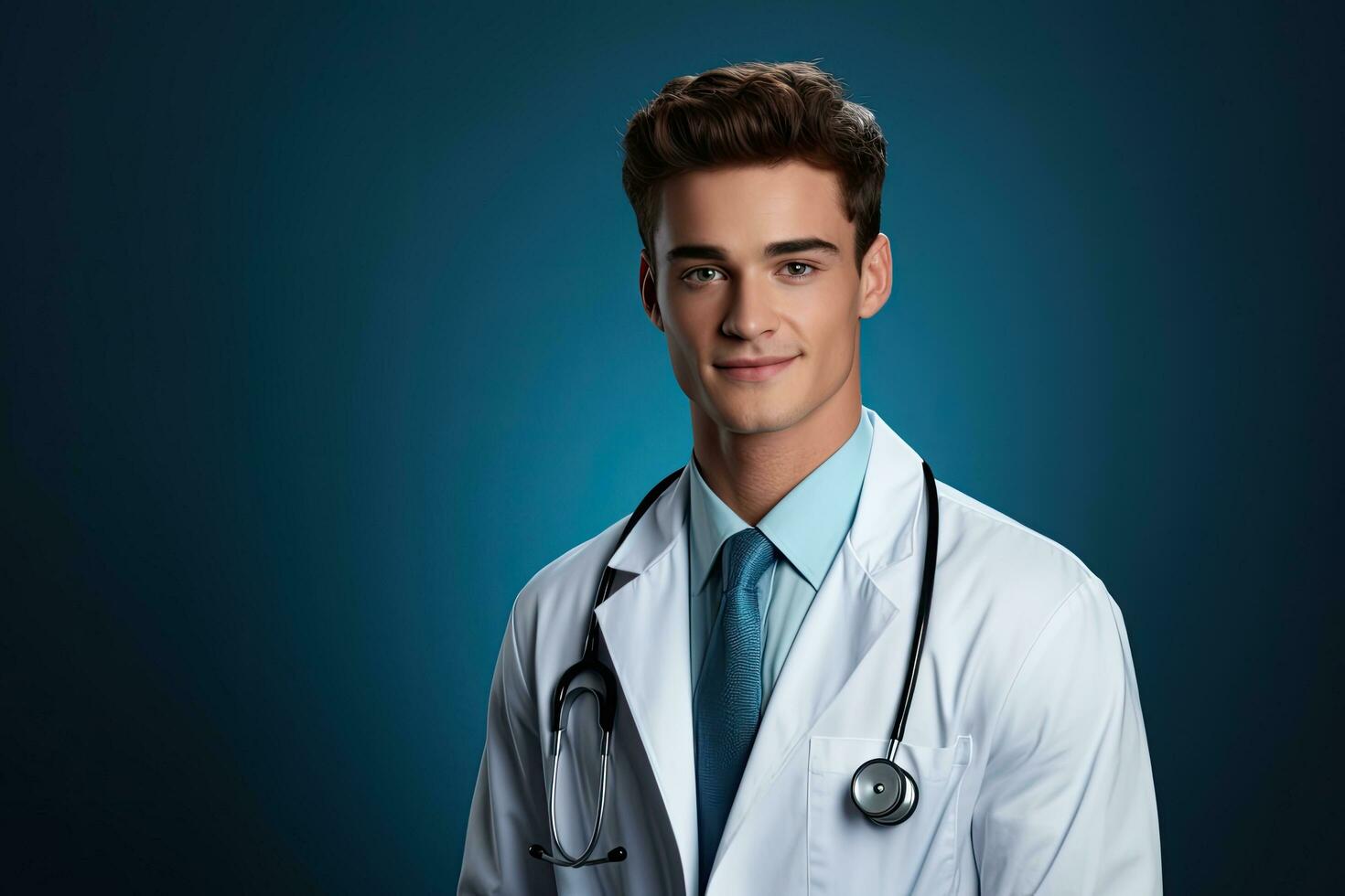 Portrait of a young male doctor with stethoscope over blue background, Portrait of confident young medical doctor on blue background, AI Generated photo