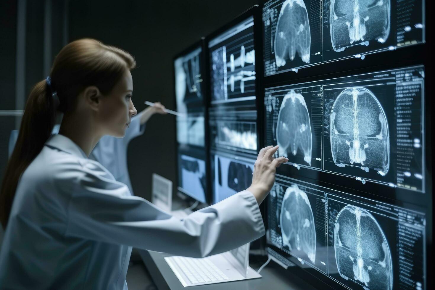 hembra médico mirando a radiografía imagen de livianos en hospital, profesional neurólogos examinar el Connecticut escanear, ai generado foto