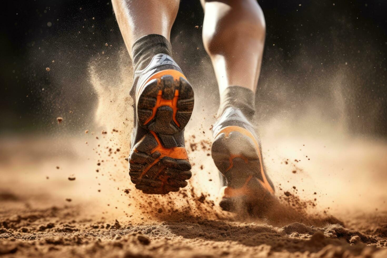 Close-up of running athlete's legs on sand. Sport concept, Rear view closeup sport shoe of racer in running on trail with dust, AI Generated photo