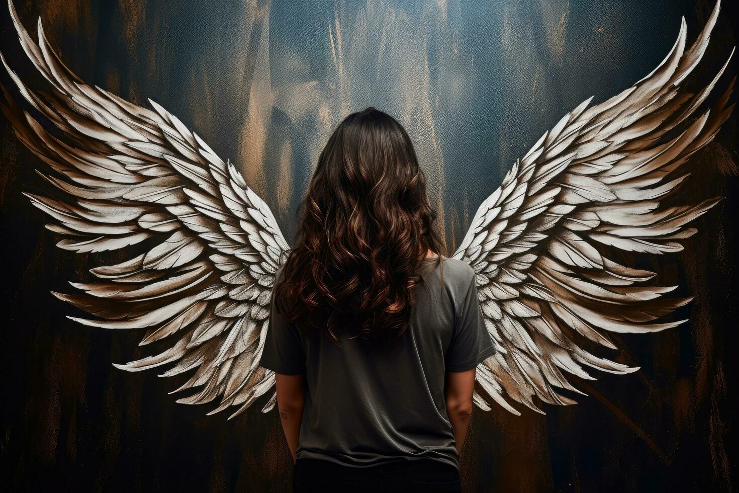 Beautiful young woman with angel wings on grunge wooden wall background, rear view of a woman with angel wings, AI Generated photo