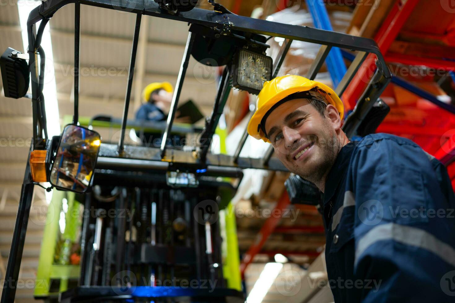 Warehouse workers using forklift to check and counting in a large warehouse. This is a large paper package storage and distribution warehouse. photo