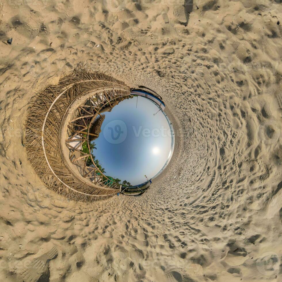blue hole sphere little planet inside yellow sand round frame with coconut palms background. photo