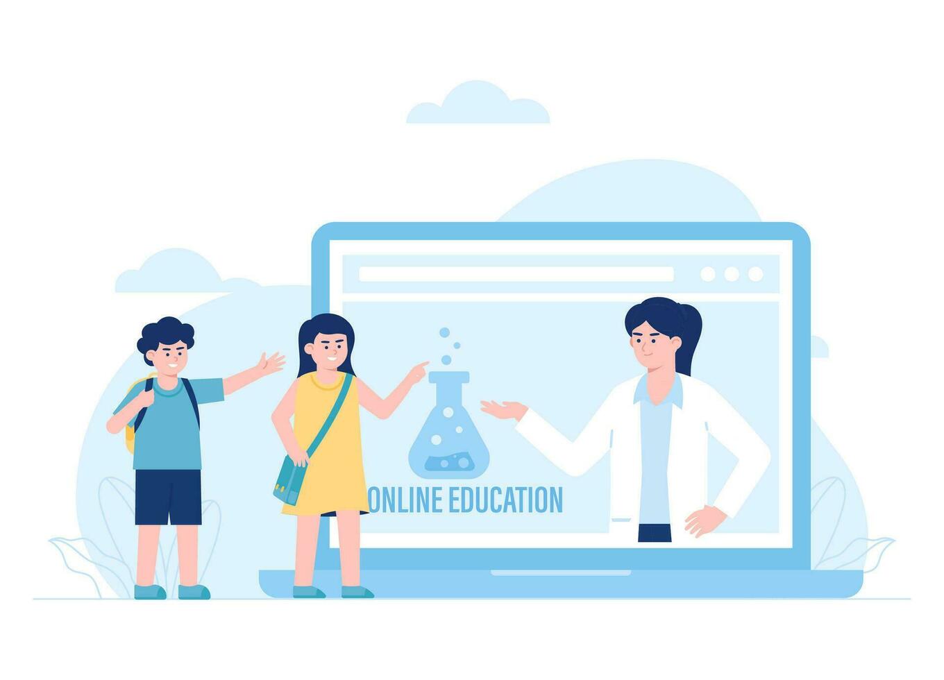 Children learn with teachers onlineconcept flat illustration vector