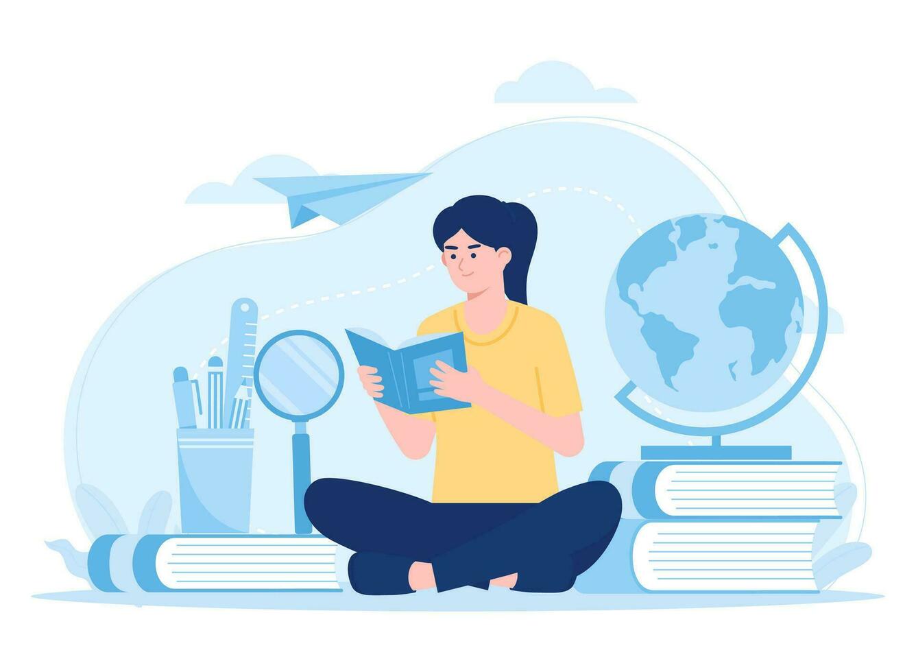 woman reading a book to find information concept flat illustration vector