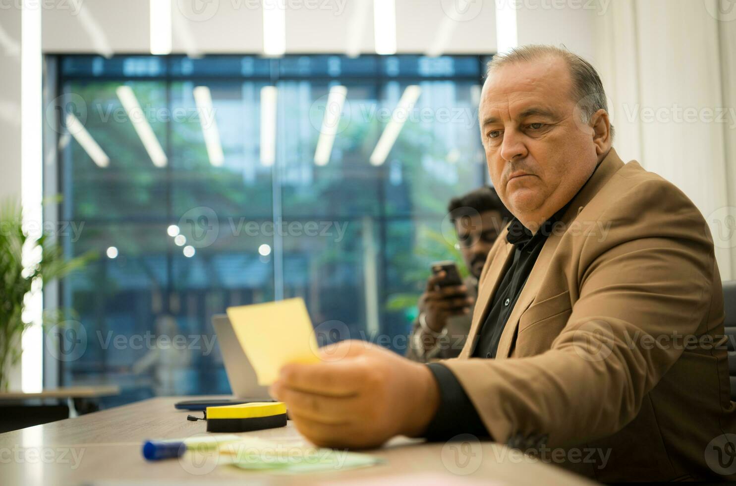 Senior businessman working with documents and Mature businessman working on laptop computer in office photo