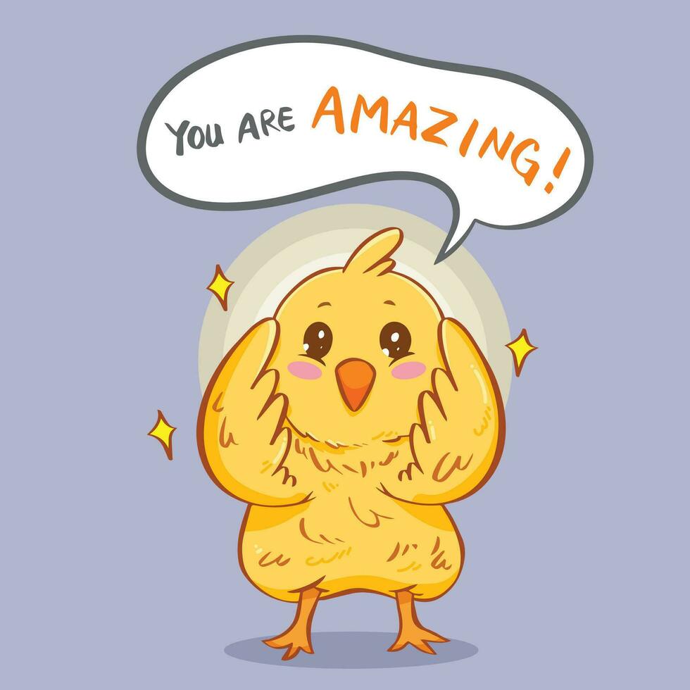 You are amazing Cartoon cute yellow baby chicken animal vector illustration tshirt design isolated on gray background. Simple flat cartoon art styled. Animal drawing t shirt art design template.