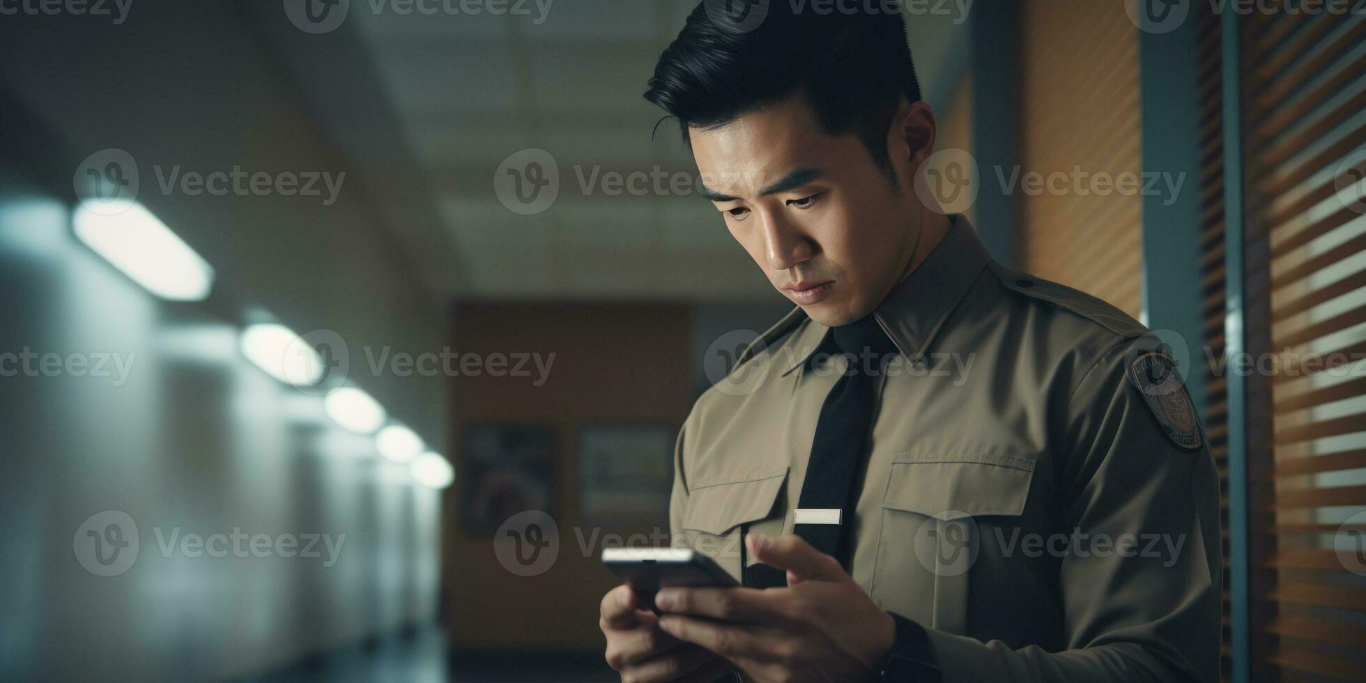 Focused detective studying photographs. AI generative. photo