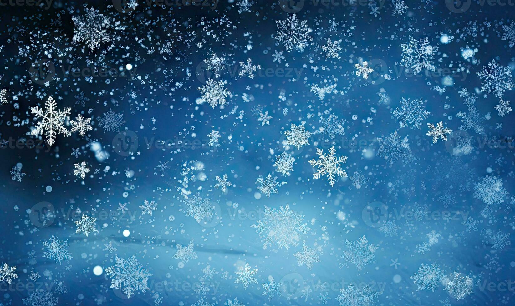 Serene winter scene with gentle snowflakes and ethereal bokeh against a deep blue sky. AI generative. photo