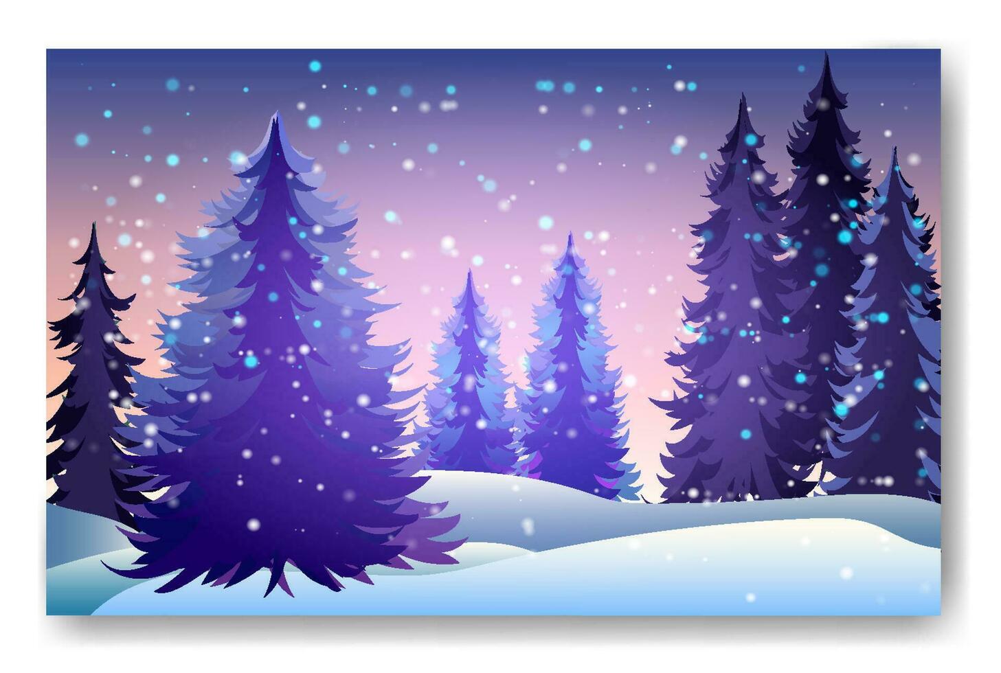 Winter background landscape with fir trees and pines in snow. Coniferous forest, night, sky, stars. Christmas Decoration. Vector illustration