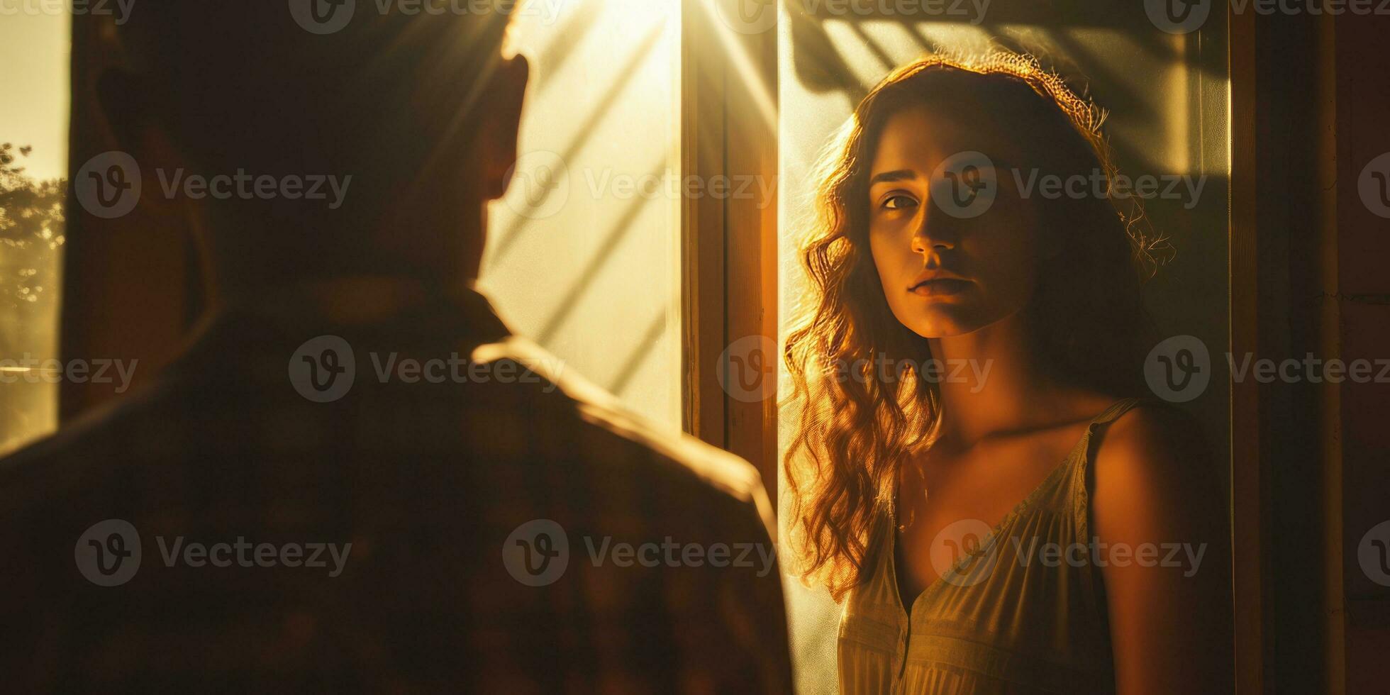 Sunlit silhouettes of a pair, capturing a shared moment. AI generative. photo