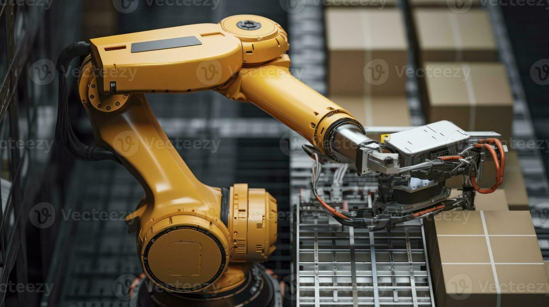 Top View Of Robotic Arm Working On Conveyor Belt In Smart Warehouse. Generative AI photo