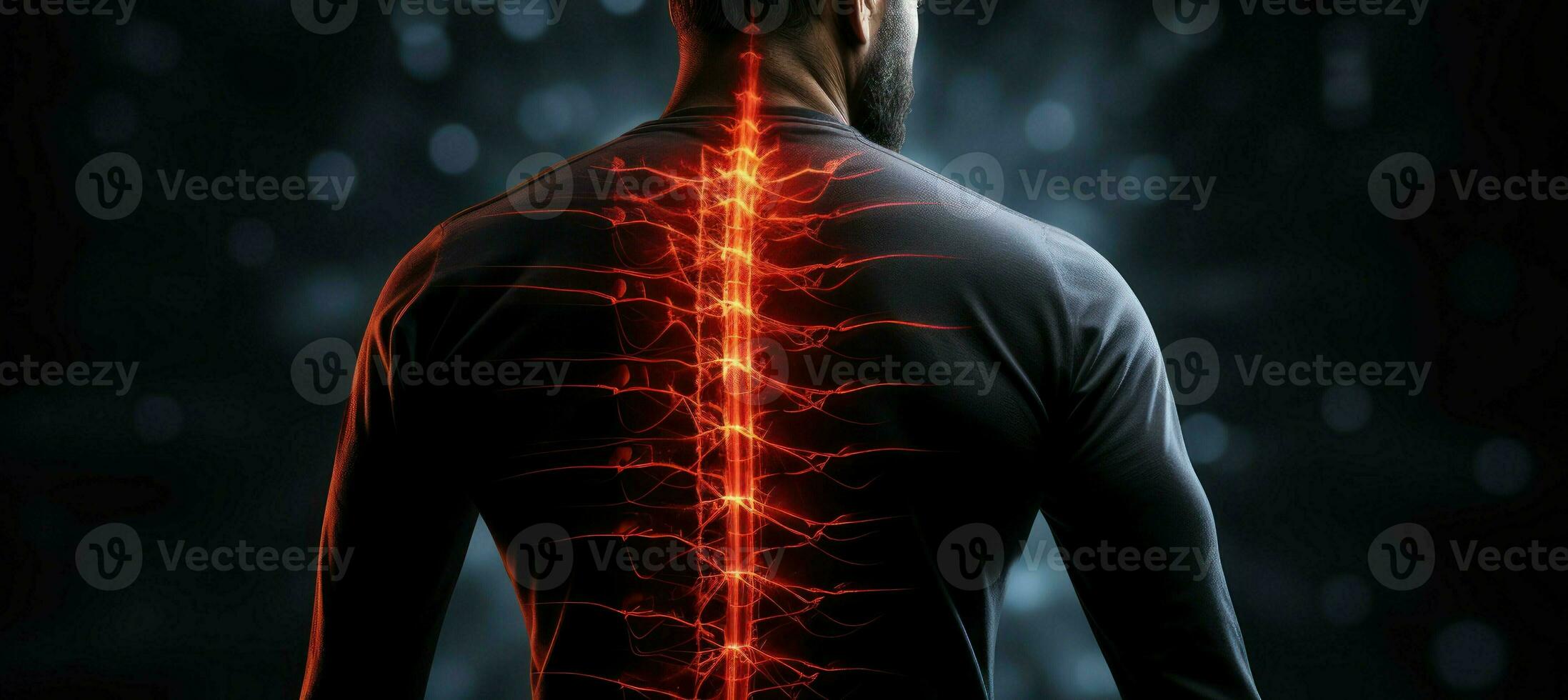 Overcoming Postural Issues. Man with poor posture and back pain in a dark setting. Generative AI photo