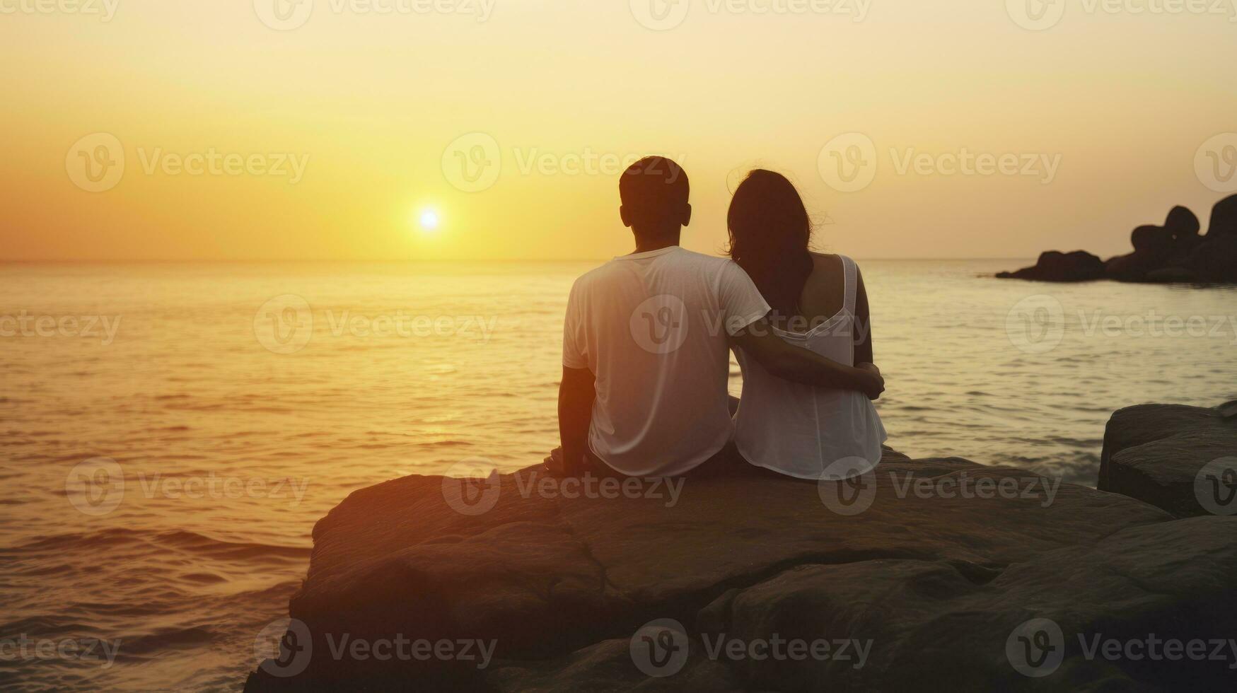 Romance on the Rocks - A Captivating Sunset View with an Couple. Generative AI photo