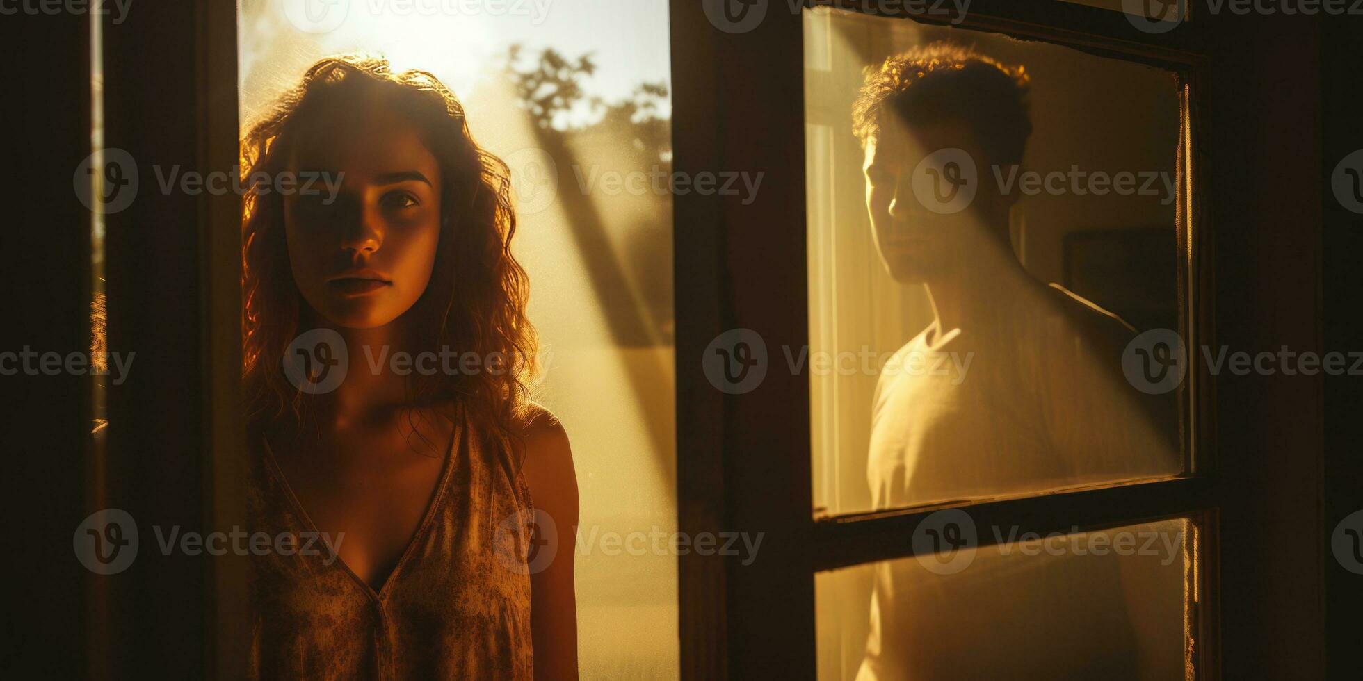 Sunlit silhouettes of a pair, capturing a shared moment. AI generative. photo