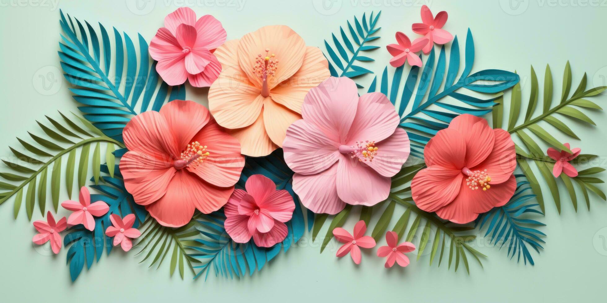 Colorful paper tropical blooms. AI generative. photo