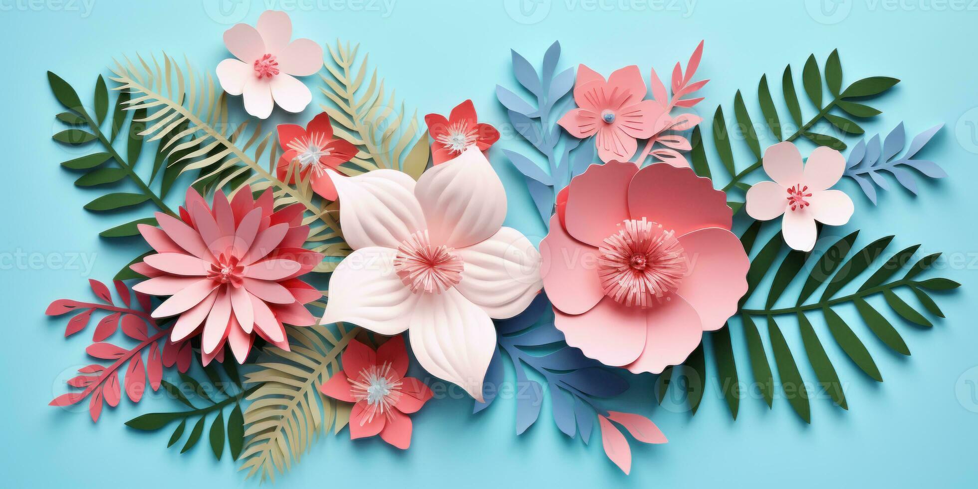 Colorful paper tropical blooms. AI generative. photo