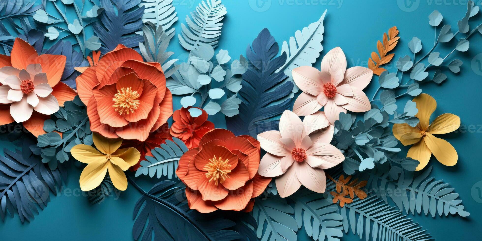 Colorful paper flowers and leaves. AI generative. photo