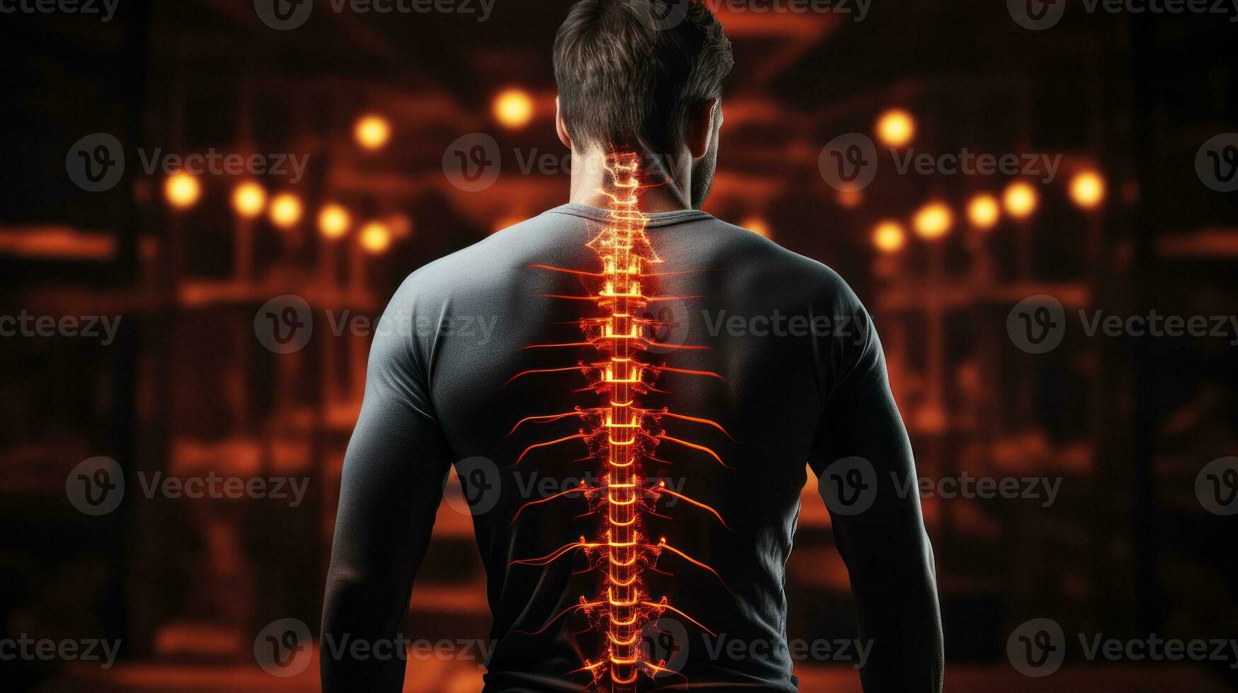Man with poor posture and back pain in a dark setting. Generative AI photo